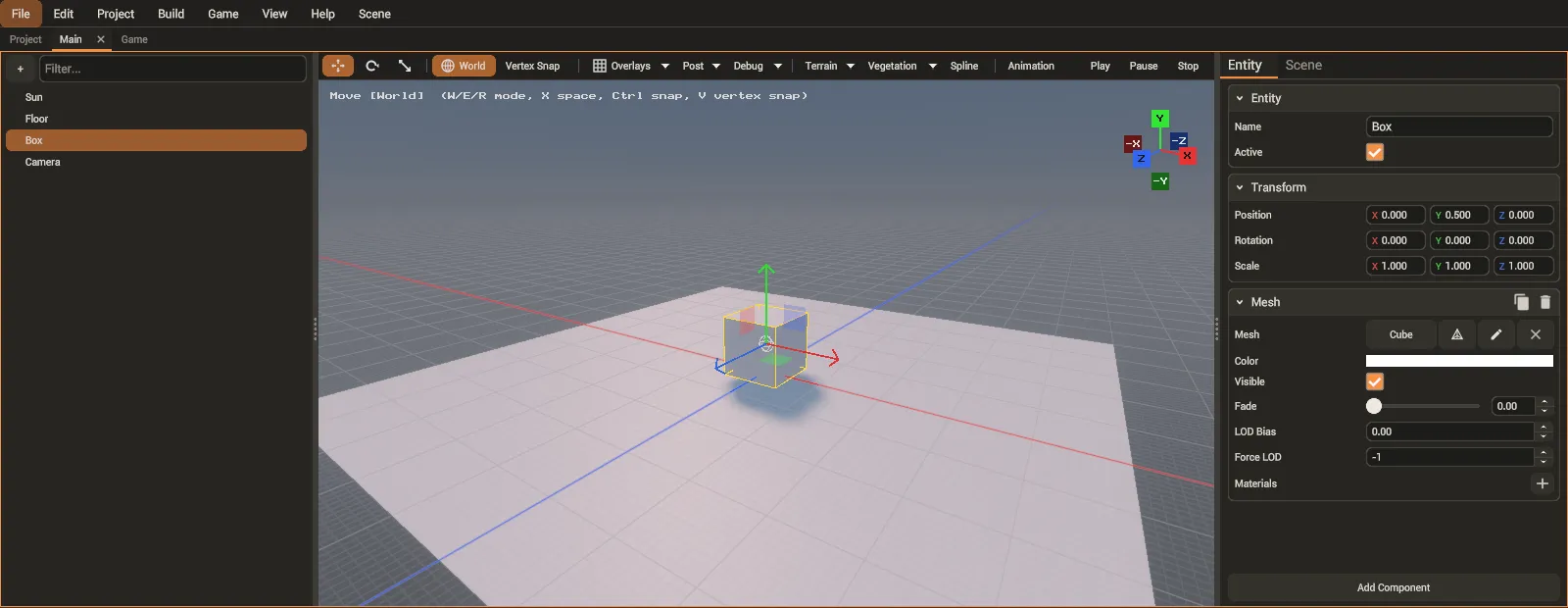 The scene page: the hierarchy with Sun, Floor, Box and Camera, the Box selected in the viewport, and its Transform and Mesh in the inspector.