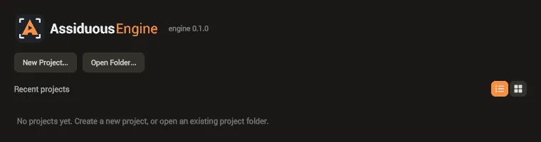 The project manager on a first run: New Project and Open Folder, and no recent projects yet.