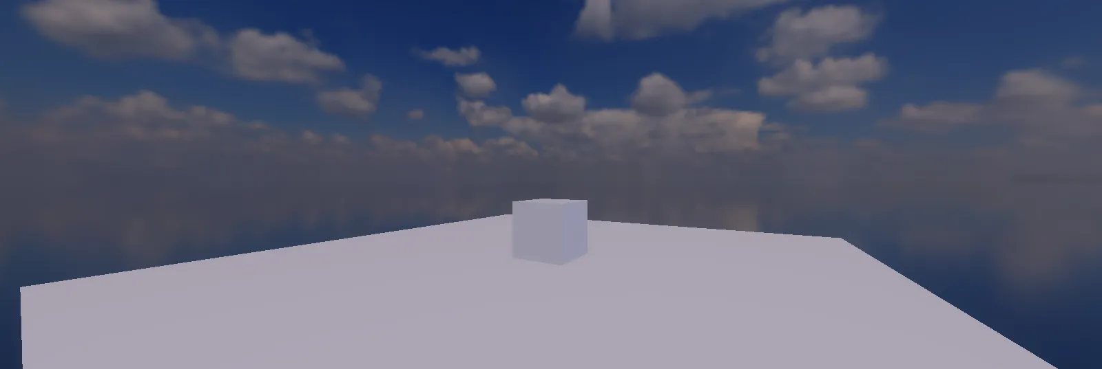 A scene with an image sky: partly cloudy, behind a box on a floor.