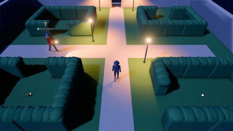 Lamplight: the thief on a lamplit path through a hedged garden at night, a guard with a lantern growing suspicious
