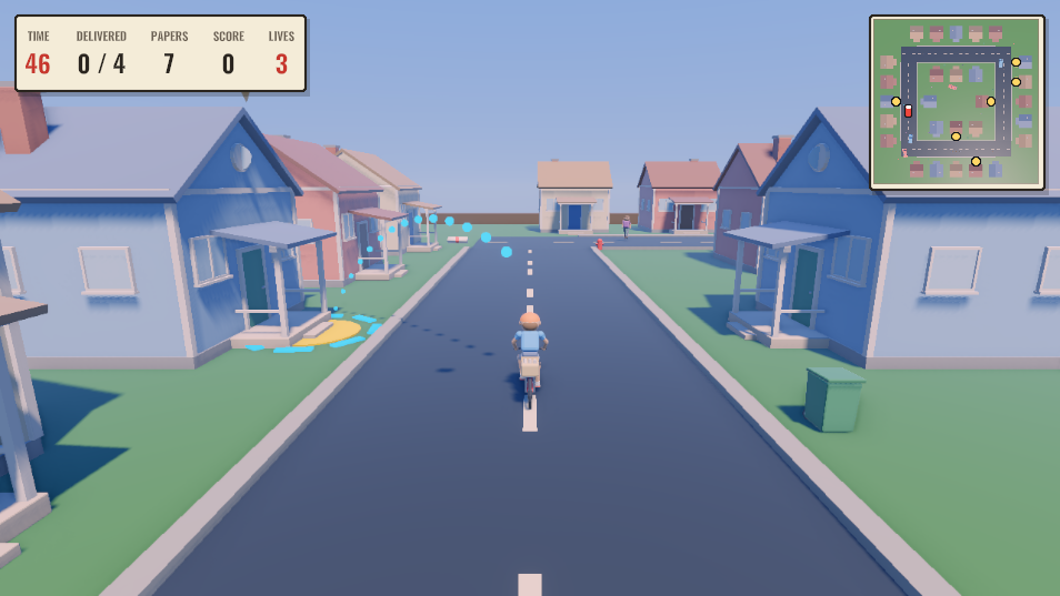 PaperKid: a kid on a bike throwing a newspaper towards a porch along a town street