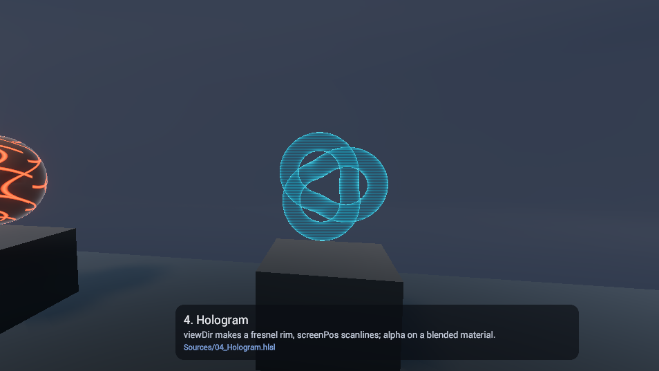Shader Gallery: a hologram knot on its plinth between glowing lava and a rock, the lesson list and its caption