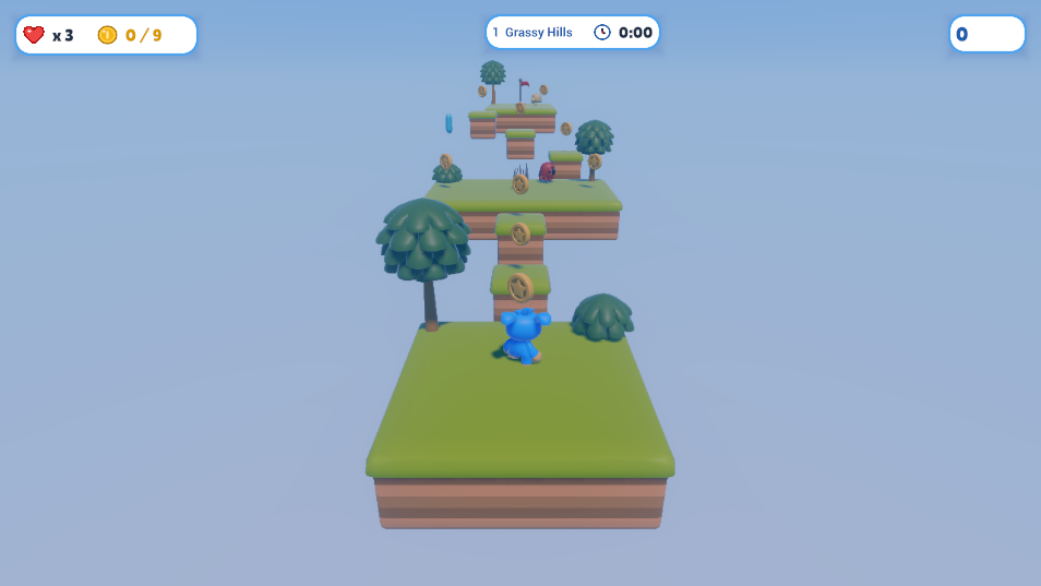 Sky Hopper: the blue hero running towards floating grass islands, coins and a flag ahead