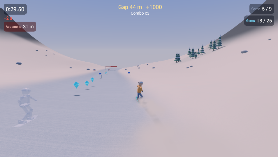 Snowline: a snowboarder on Ridge past the gap, gems and slalom flags ahead, a medal ghost alongside